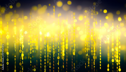 Futuristic Digital Abstract Image with Binary Digits on a Hi-Tech Bokeh Background, Showcasing a Modern, Technological Aesthetic and a Sleek, Sci-Fi Visual Design