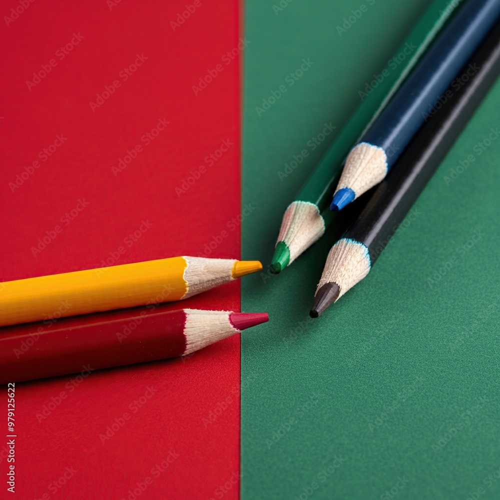 A Clash of Colors: The Close-Up of Opposite Colors, The Cinematic Concept of Contrast, Colored pencils, close-up, oblique view, flat layout A Clash of Colors: The Close-Up of Opposite Colors, The Cinematic Concept of Contrast, Colored pencils, close-up, oblique view, flat layout