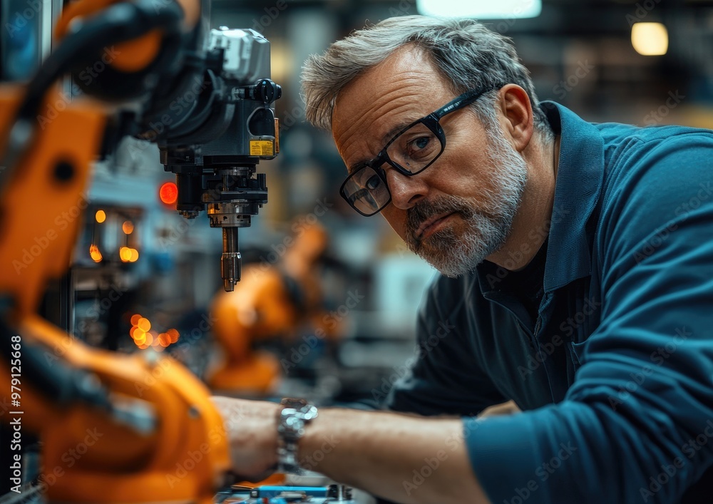 A man in a blue shirt and glasses is looking at a machine A man in a blue shirt and glasses is looking at a machine
