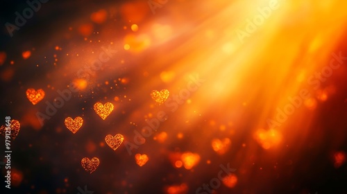 Romantic Valentines Day Background, Sparkly Orange Bokeh With Floating Hearts, Love Concept Design