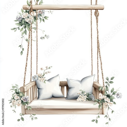 Wooden swing chair flowers art illustrative. photo