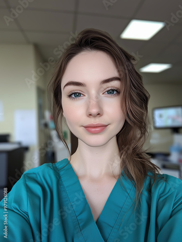 A Beautiful Smiling Nurse in Scrubs in a Hospital Setting