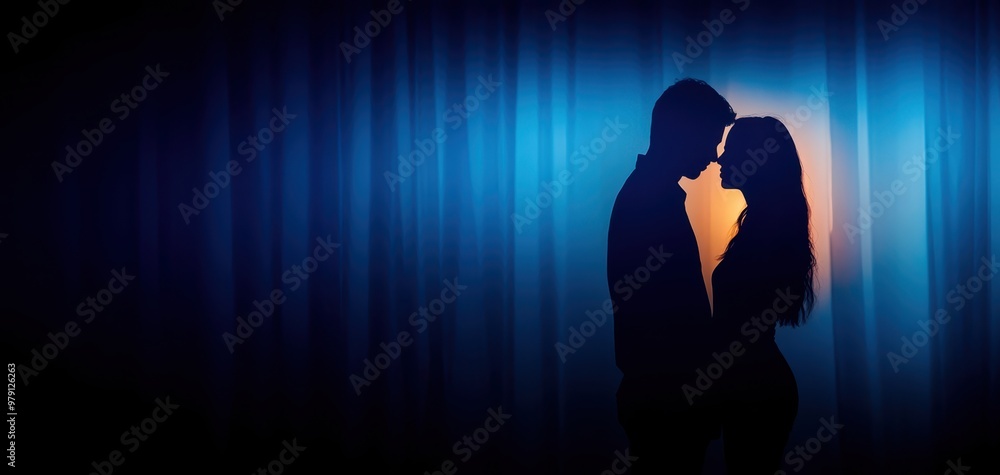 Romantic silhouette of a couple in love, sharing a tender moment against a dreamy blue background with soft lighting. Romantic silhouette of a couple in love, sharing a tender moment against a dreamy blue background with soft lighting.