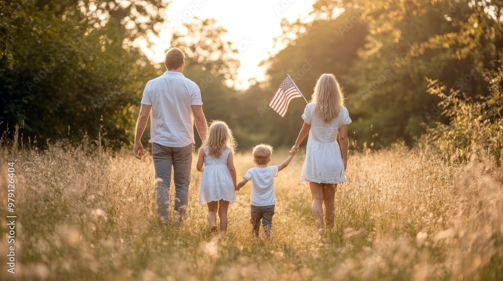 Fototapeta premium Happy Family Of Four In White Clothes Walking Through Field With An American Flag At Sunset