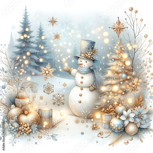 Magical Christmas blue gold winter composition with a snowman in snowy forest, golden garlands on Chrestmas tree. New Year square postcard