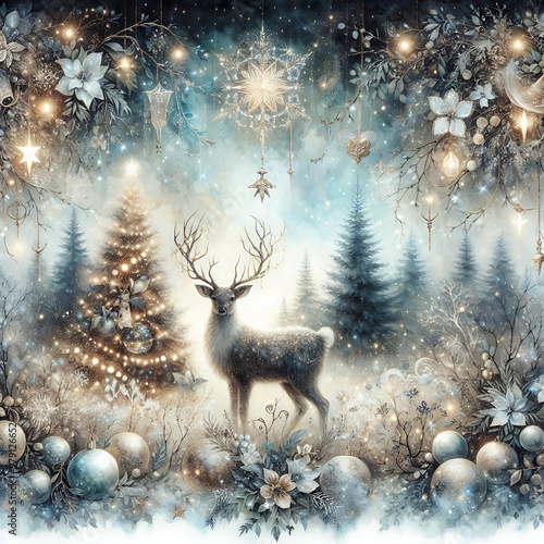 Magical Christmas blue gold winter composition with a Christmas deer in snowy forest, Christmas tree with golden garlands. New Year square postcard