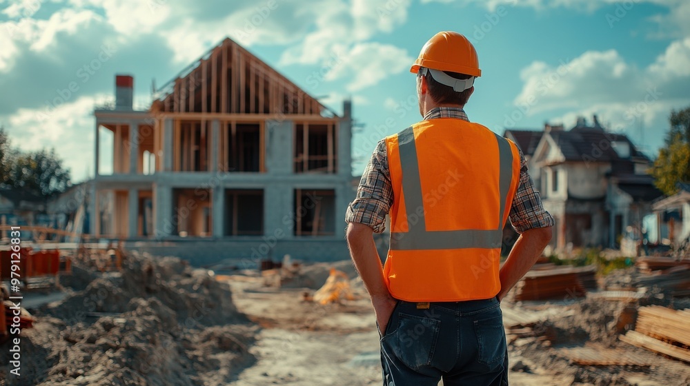 Construction worker inspecting new home. Construction worker inspecting new home.