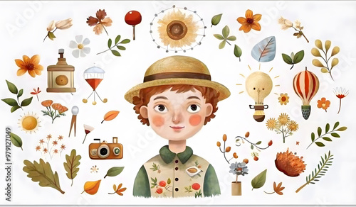  Cute explorer boy surrounded by nature-themed illustrations in watercolor style