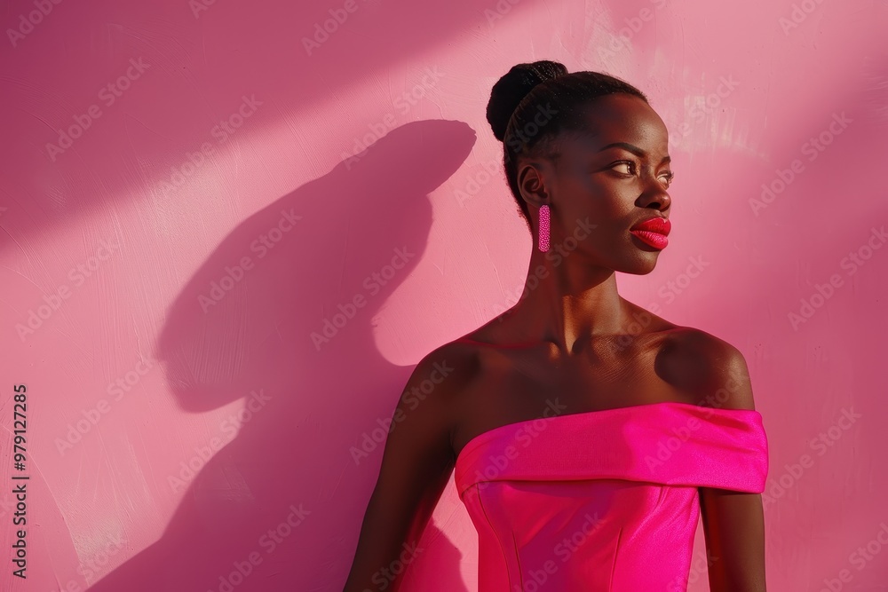 Fototapeta premium Beautiful young African American woman posing in stylish pink dress against pink wall of building