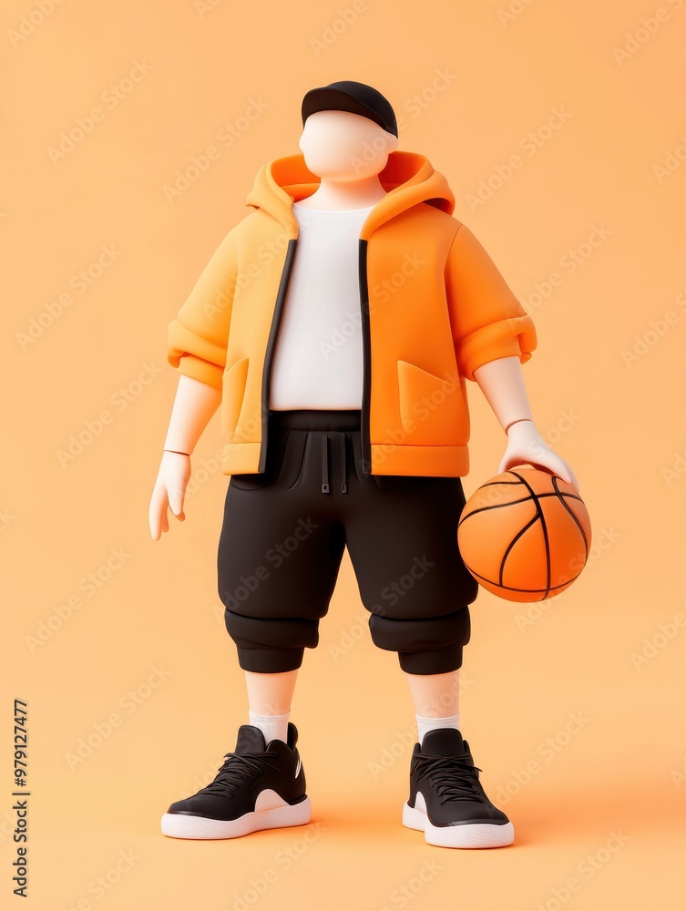 Fototapeta premium Stylish cartoon character in an urban outfit holding a basketball against a vibrant orange background.
