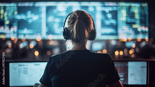 Woman in headphones looking at a screen.