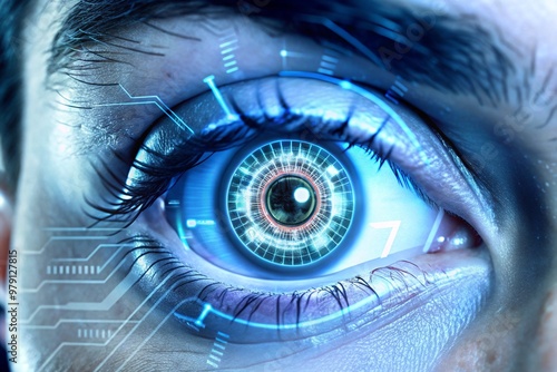 High-tech bionic eye implants, showing a glowing eye and the person’s vision filled with augmented data.