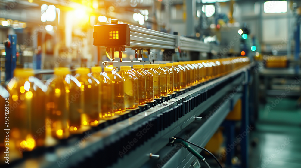Yellow transparent glass bottles on the production line in the factory Yellow transparent glass bottles on the production line in the factory