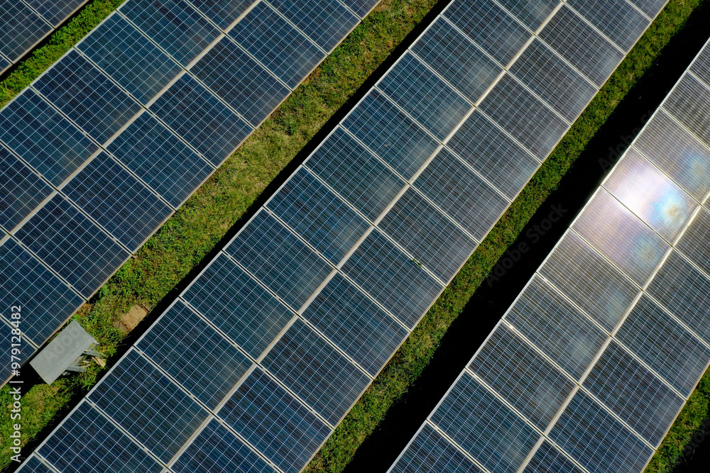 Aerial view of solar panels on lush grassland, Lembus, Kenya. Aerial view of solar panels on lush grassland, Lembus, Kenya.