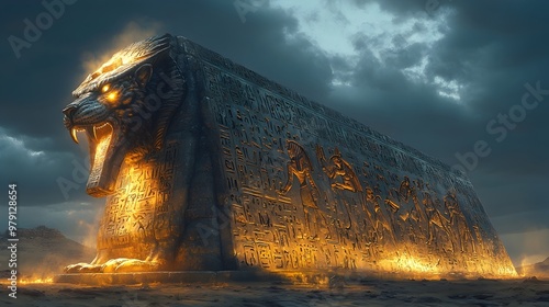 Majestic Ancient Obelisk Covered in Mystical Hieroglyphic Inscriptions and Fantastical Beast Depictions
