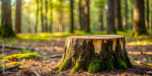 Close-up of a tree stump in a cleared forest area, depicting environmental impact, deforestation, aftermath, tree stump photo