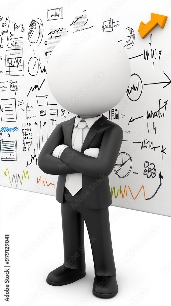 A 3D figure in a suit stands confidently in front of business graphs and charts. A 3D figure in a suit stands confidently in front of business graphs and charts.