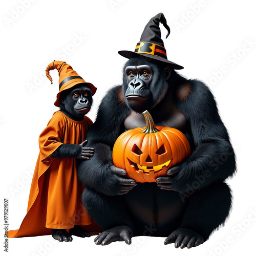 In a festive and fun atmosphere, a little surreal and ironic, two gorillas with serious expressions dressed in typical Halloween costumes, png image with transparent background