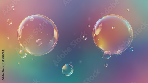 Dreamy, abstract background filled with soft, transparent bubbles floating in a gradient sky