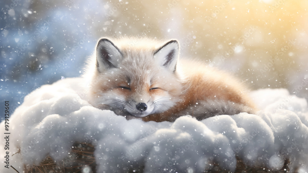 a cute fox cub sleeps in the wild against the background of winter, snow is falling, the incredible beauty of winter wildlife a cute fox cub sleeps in the wild against the background of winter, snow is falling, the incredible beauty of winter wildlife