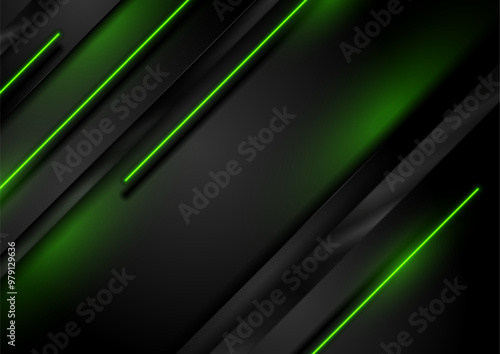 Black abstract striped background with green neon laser lines. Futuristic corporate vector design