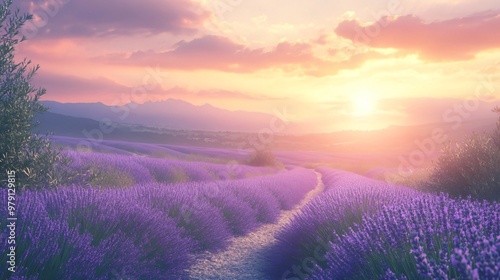 Lavender field with a winding path at sunset, with a sunlit sky and mountains in the background.