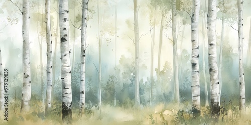 A serene forest scene with birch trees and soft, muted colors, evoking tranquility.