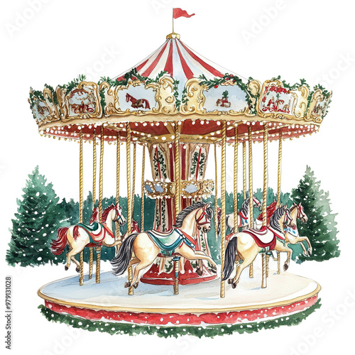 carousel with horses, Christmas theme, watercolor illustration, isolated on a white background