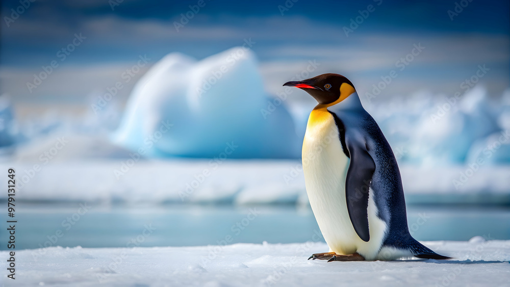 Naklejka premium Emperor penguin resting on icy surface in Antarctica, Emperor penguin, Antarctica, ice, snow, cold