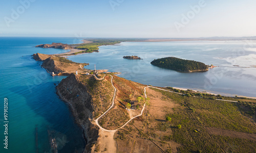 Aerial view of narta lagoon and zvernec island with tranquil waters, Vlore, Albania. photo