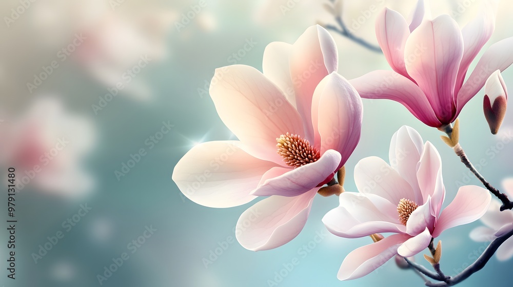Delicate Pink Magnolia Flowers in Bloom with a Soft Blue Background. Delicate Pink Magnolia Flowers in Bloom with a Soft Blue Background.