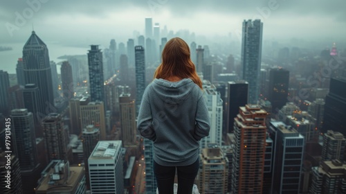 Cityscape From Rooftop: Young Woman in Thin Gray Hoodie