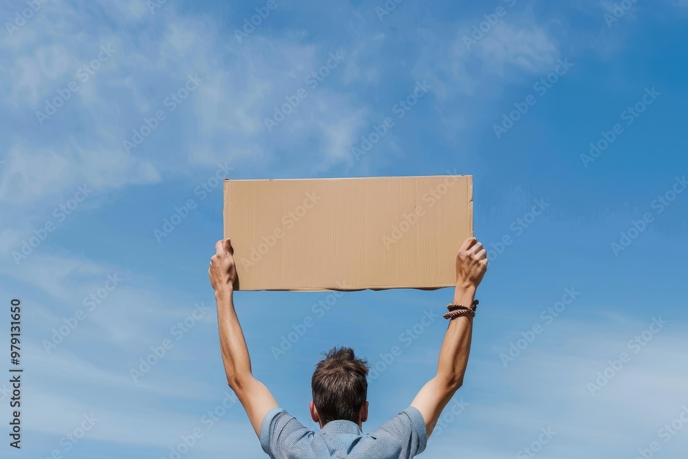 Man holding blank cardboard poster mockup over head against blue sky, back view Man holding blank cardboard poster mockup over head against blue sky, back view