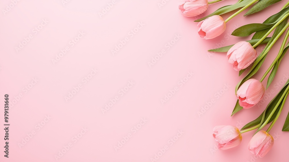 Fototapeta premium Pink Tulips on Pink Background Spring Flowers Floral Arrangement Minimalist Design