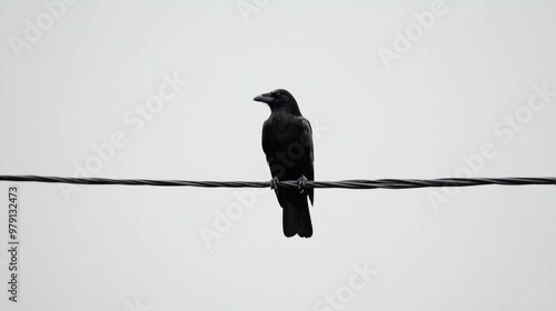 A single black crow perched on a power line against a clear sky.