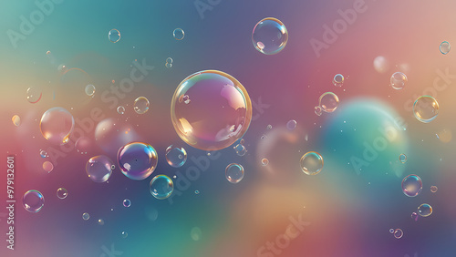 Dreamy, abstract background filled with soft, transparent bubbles floating in a gradient sky