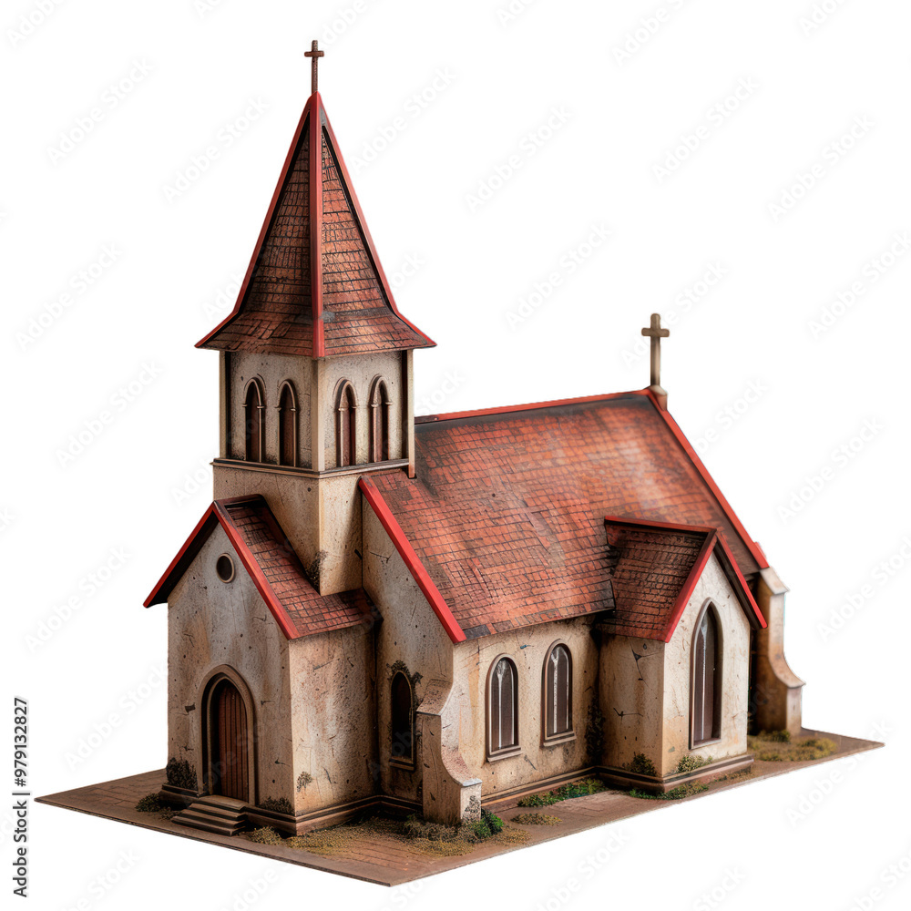 Scale model of an old church building with weathered stone walls and a red tile roof standing on a white background Scale model of an old church building with weathered stone walls and a red tile roof standing on a white background