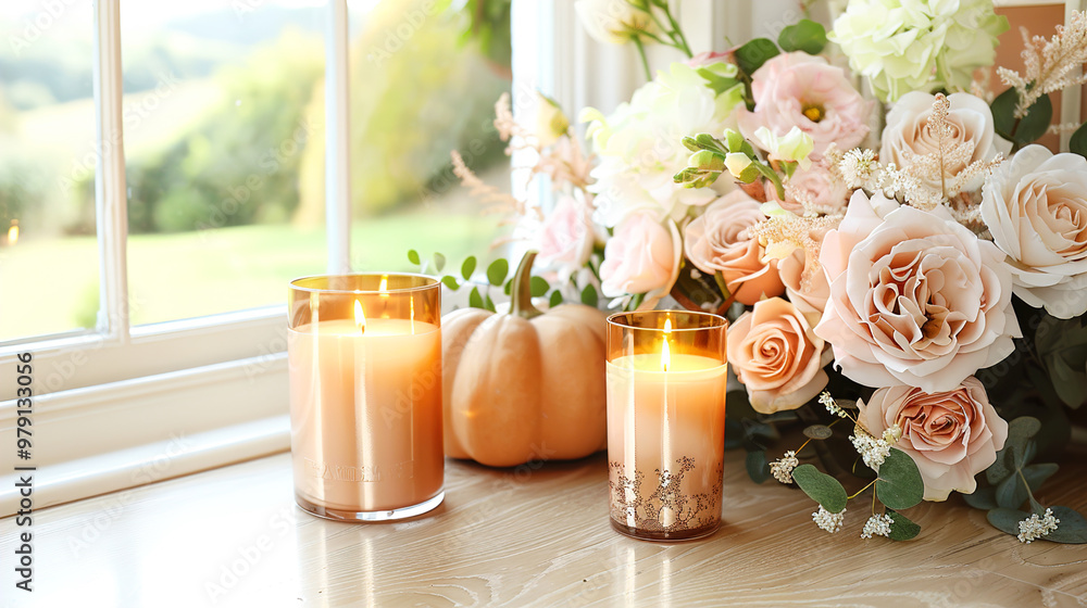 Cozy Warm Fall Home Decor with Pumpkins Candles and soft pink Flowers with white background Cozy Warm Fall Home Decor with Pumpkins Candles and soft pink Flowers with white background