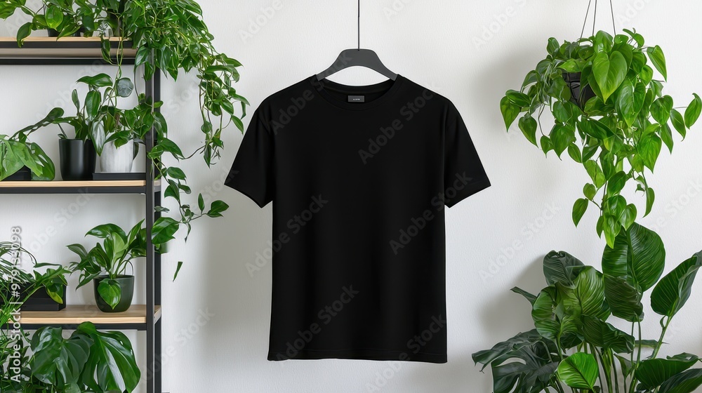 Blank Black T Shirt Mockup with Green Plants on White Wall Blank Black T Shirt Mockup with Green Plants on White Wall