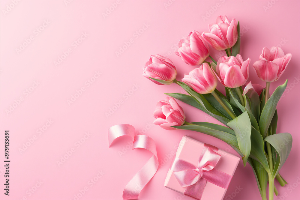 Bouquet of pink tulips on a pink background with a gift box. Design template for gift card for Valentine's Day, Mother's Day, Women's Day with place for text, copyspace Bouquet of pink tulips on a pink background with a gift box. Design template for gift card for Valentine's Day, Mother's Day, Women's Day with place for text, copyspace