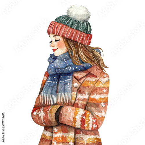 woman in a winter coat and hat, cozy Christmas style, watercolor illustration, isolated on a white background