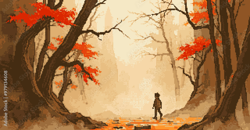 Naklejka premium A small child tries to find their way back to safety in the fall with red leaves and silhouette trees, Pixel art panorama