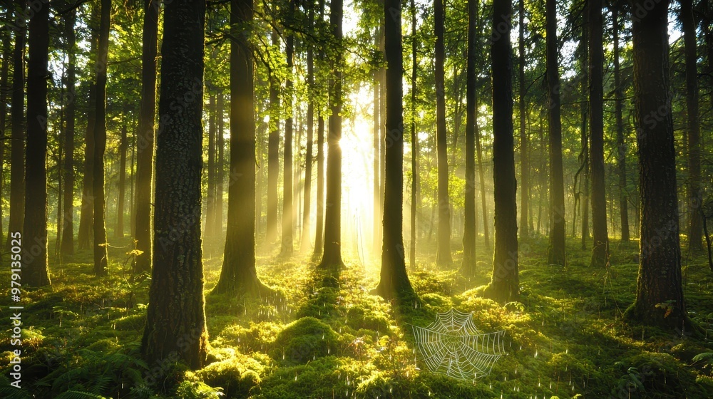 Obraz premium Sunrays Through Forest Trees With Spider Web and Moss