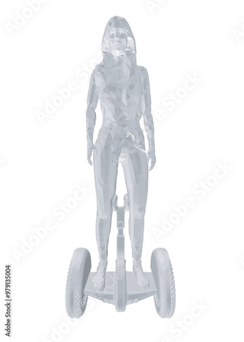 Polygonal model of a girl standing on a segway isolated on a white background. Girl riding a segway. Vector illustration. 3D