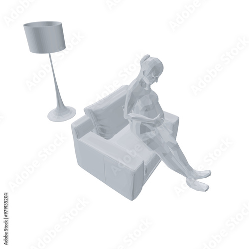 Pregnant woman polygonal sitting on chair made of black lines isolated on white background. Room with bookcase and chair with pregnant girl. Vector illustration.