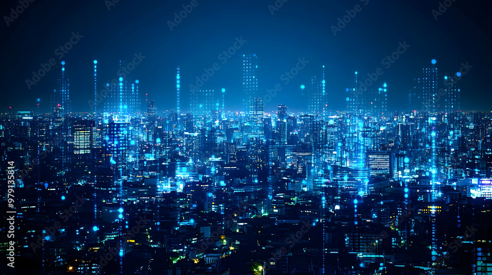 Digital Cityscape Illustration with Blue Lights and Binary Code Overlays Digital Cityscape Illustration with Blue Lights and Binary Code Overlays