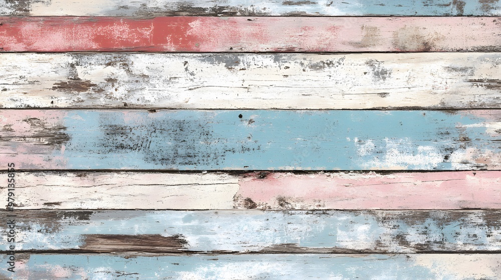 Fototapeta premium A rustic wooden panel background with vertical planks in a mix of pastel shades, including blue, pink, yellow, and lavender.