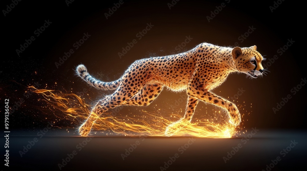 Obraz premium Cheetah running with cartoon fire under paws, dynamic and exaggerated speed