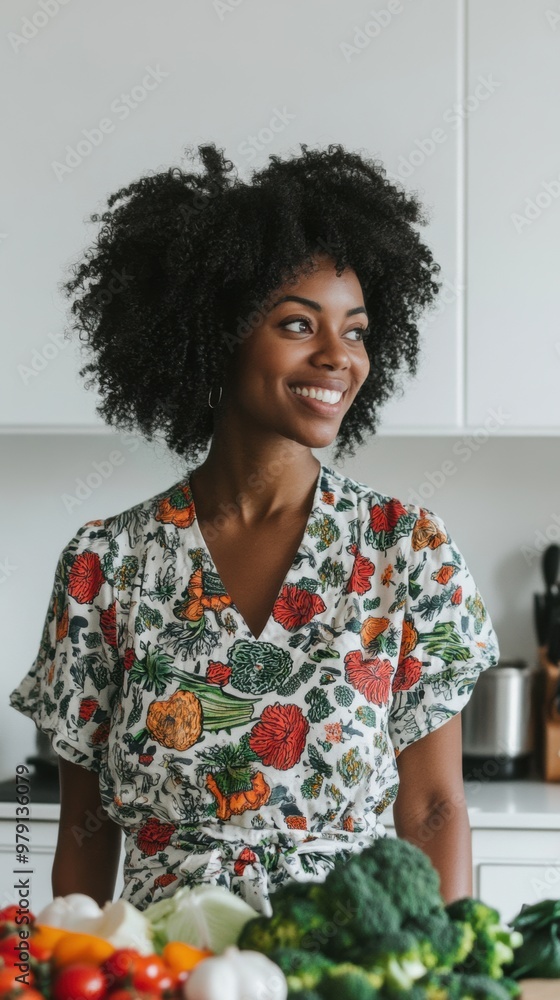 A woman smiles while standing in front of a counter full of vegetables