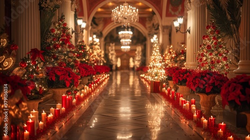 A grand, festive hallway adorned with Christmas lights, poinsettias, candles, and elegantly decorated trees.